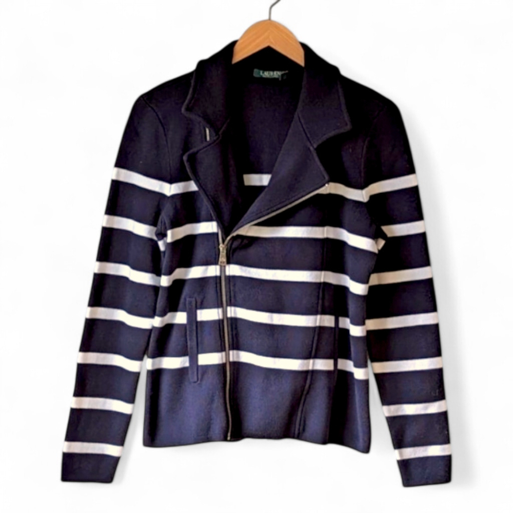 Ralph Lauren Moto Jacket Asymmetrical Zip Navy Sz L Preppy NWOT Knit Blazer - Picture 4 of 15